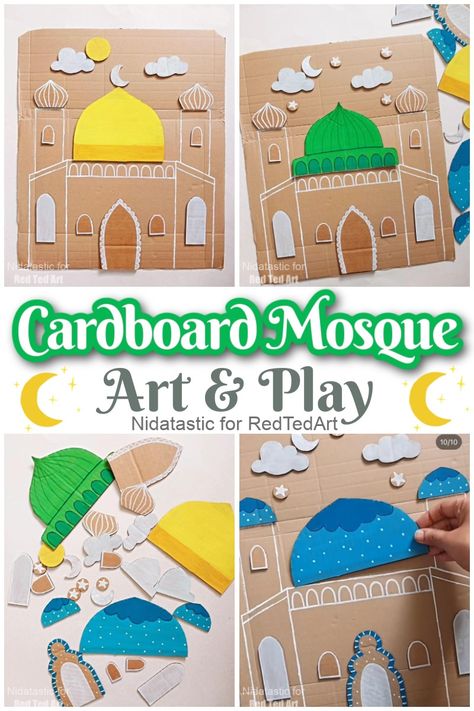 Cardboard Mosque Art Project & Play - Red Ted Art - Kids Crafts Cardboard Mosque, Ramadan Crafts For Kids, Muslim Kids Crafts, Eid Activities, Muslim Kids Activities, Ramadan Cards, Red Ted Art, Islamic Kids Activities, Mosque Art