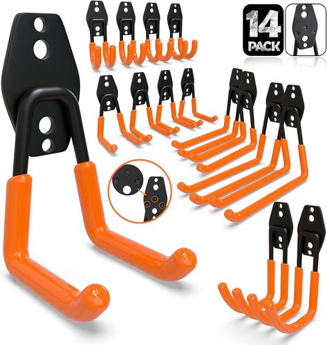 3-H Garage Hooks Heavy Duty, Tool Hangers for Garage Wall 14PC, Skateboard Wall Mount,Garage Wall Hooks with 3 Welding Spot for Organizing Bike, Ladder, Bicycle, Chair, Shovel, Helmet(Orange 14pc) Skateboard Wall Mount, Sports Equipment Organization, Ladder Hooks, Garage Organizer, Garage Hooks, Tool Hangers, Garage Tool Organization, Shed Organization, Yard Tools