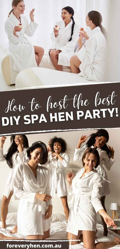 Two images of women in white robes enjoying a spa party. Text: how to host the best DIY spa hen party! Massage Party, Bachelorette Slumber Parties, Spa Night Party, Diy Spa Party, Spa Party Ideas, Spa Bridal Shower, Spa Games, Spa Day Party, Bachelorette Diy