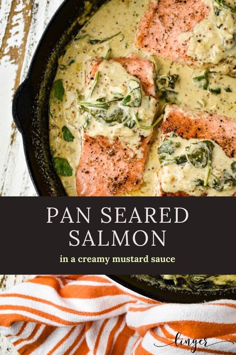 How to make the best Pan-Seared Sockeye Salmon with a creamy mustard sauce and fresh spinach. This recipe is made in a cast-iron skillet and is quick and easy for a weeknight meal. Salmon is cook either with skin-on or removed. Sockeye Salmon Recipes, Salmon Recipe Pan, Seared Salmon Recipes, Salmon Recipes Pan Seared, Creamy Mustard Sauce, Frozen Salmon, New Potatoes, Sockeye Salmon, Salmon Dinner