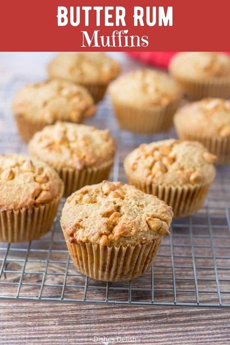 These butter rum muffins have a perfect balance of flavors. From the fun taste of the rum to the sweet of the butterscotch chips they will satisfy all your breakfast needs. #butterscotch #butterrum #muffins #dishesdelish Butterrum Muffins, Butter Rum Muffins, Rum Muffins, Butter Rum, Bakers Gonna Bake, Torte Cupcake, Almond Flour Recipes, Dessert Cake Recipes, Breakfast Drink