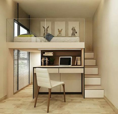 Two Levels Bedroom, Space Saving Loft Bed, Space Saving Studio Apartment, Bed For Small Spaces, Modular Bedroom Design, Two Level Bedroom, Tiny Bedroom Design Space Saving, Bedroom Designs Small Spaces, Loaf Bedroom Ideas