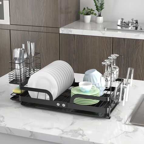 CozyBlock Steel Foldable Dish Drying Rack with Utensil, Cutlery Holder & Glass Hanger – Rust Proof Kitchen Countertop Dish Rack with Extra Large Drainboard Set – Bonus Drinkware Clips Kitchen Dish Rack, Organiser Cucina, Kitchen Sink Storage, Dish Drying Rack, Space Saving Kitchen, Countertop Organizer, Cutlery Holder, Dish Rack, Dish Drainers