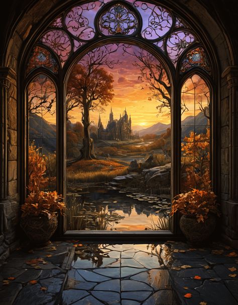 Through the window View Through A Window Art, Fantasy Window Art, Fantasy World Illustration, Window Reference, Fall Backrounds, Fantasy Window, Cool Windows, Rainy Window, Glass Casting