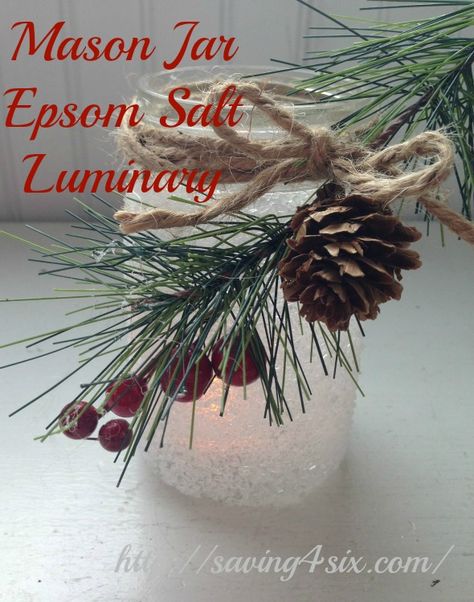 Mason Jar Epsom Salt Luminaries Epsom Salt Mason Jars, Epson Salt Mason Jar Christmas, Christmas Crafts With Mason Jars, Epsom Salt Jars, Epsom Salt Candles, Salt Crafts, Candle Jars Crafts, Candle Diy Mason Jar, Mason Jar Gifts Diy