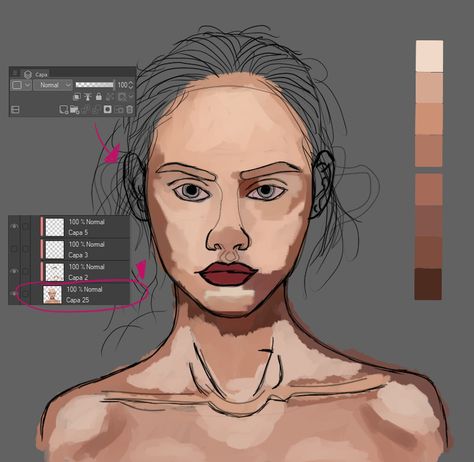 Paint Skin Step By Step, Croquis, How To Shade Realistic Skin, How To Color Skin Digital Realistic, Realistic Skin Tutorial Digital Art, How To Paint Skin Digital Art, How To Paint Realistic Skin, How To Draw Skin Digitally, How To Shade Skin Digitally