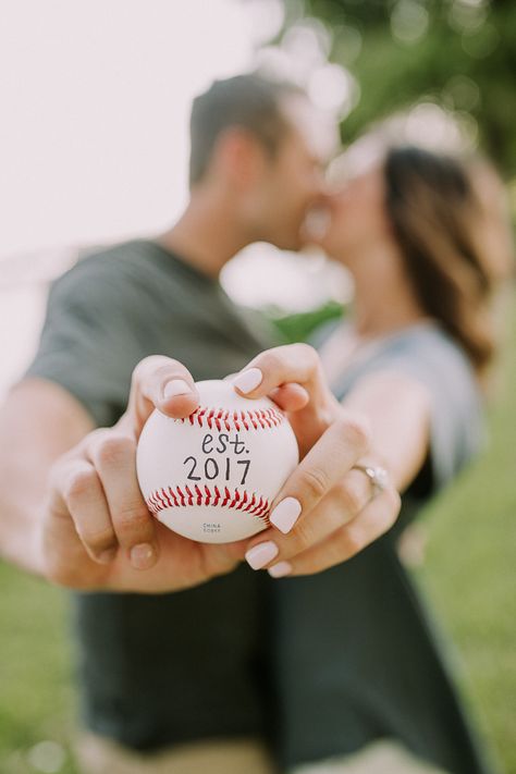 Baseball Themed Engagement Pictures, Softball Engagement Pictures, Baseball Theme Engagement Photos, Athletic Engagement Photos, Engagement Photos Baseball, Sports Engagement Photos, Stadium Photoshoot, Softball Photoshoot, Baseball Engagement Photos