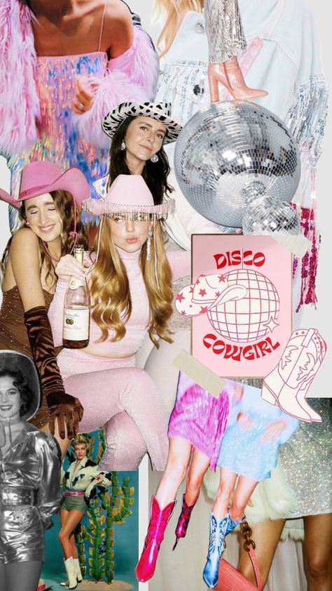 70s Disco Cowgirl, Disco Cowgirl Mood Board, Retro Disco Cowgirl, Bachelorette Fits, Desert Disco Bachelorette Outfits, Disco Cowgirl Bachelorette Decor, Cosmic Cowgirl Party, Rhinestone Cowgirl Bachelorette, Cowboy Disco