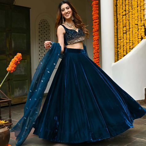 5 Types Of Roka Outfits For Modern Brides-To-Be - ShaadiWish Modern Lehenga Designs, Lehenga Designs Latest, Latest Lehenga Designs, Indian Bridesmaid Dresses, Velvet Lehenga, Simple Lehenga, Gown Party Wear, Wedding Lehenga Designs, Lehenga Designs Simple