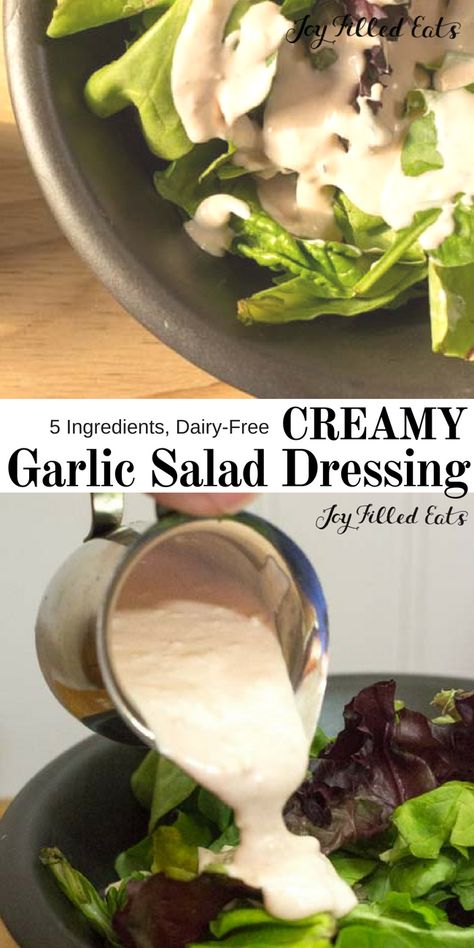 Creamy Garlic Salad Dressing Recipe - Low Carb, Keto, Gluten-Free, Grain-Free, Dairy-Free, THM S, Paleo - If you love garlic this Creamy Garlic Salad Dressing Recipe is for you. Just 5 ingredients and a few minutes to a delicious dairy-free salad dressing full of flavor. It is the perfect drizzle on top of mixed greens or fresh sliced tomatoes. #keto #lowcarb #paleo #glutenfree #dairyfree #thm #trimhealthymama #5ingredients #easy #saladdressing Creamy Garlic Salad Dressing, Garlic Salad Dressing Recipe, Dairy Free Dip Recipes, Dairy Free Salad Dressing, Garlic Salad, Garlic Salad Dressing, Dairy Free Dressing, Keto Salad Dressing, Dairy Free Dips