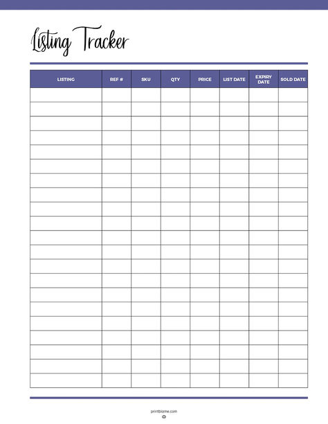 Printable listing tracker template with columns for listing name, reference number, SKU, quantity, price, list date, expiry date, and sold date for inventory management. Small Business Inventory Tracker, Small Business Planner Free Printables, Free Business Printables, Inventory Printable, List Date, Inventory List, Tracker Free, Business Printables, Inventory Management