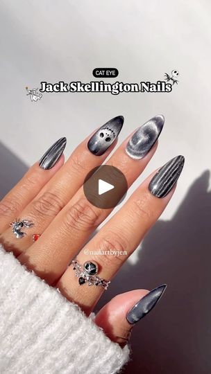 178K views · 31K reactions | 3 cool Jack Skellington cat eye designs 😱🤯😱  Using 3 different magnets!🧲   Which design was your favorite?  Save & share this Nightmare Before Christmas nail look for Halloween inspo! Follow for more tutorials 🖤🤍🖤🤍  Using @daily_charme (code: JEN10) •001 Perfect Black  •C09 Mooncat •Double-Sided Flower & Stripe Cat Eye Nails Magnetic Pen •Magic Wand Cat Eye Magnet Pen •Cat Eye Magnetic Cylinder Wand •Diamond Shine Top Coat  #magneticnails #cateyenails #cateyenailart #jackskellington #nightmarebeforechristmas #disneynails #halloweennails #halloweenstyle #nailinspo #nails #uñas #uñasdehalloween #coolnails #nailarttutorial #nailvideos #tutorial #diynails #howto | Jeanette Flores | Vitamin String Quartet · What's This? Nail Art Nightmare Before Christmas, Nails Nightmare Before Christmas, Jack Skellington Nails, Nails Magnetic, Pen Magic, Nightmare Before Christmas Nails, Eye Designs, Magnetic Pen, Eye Nails