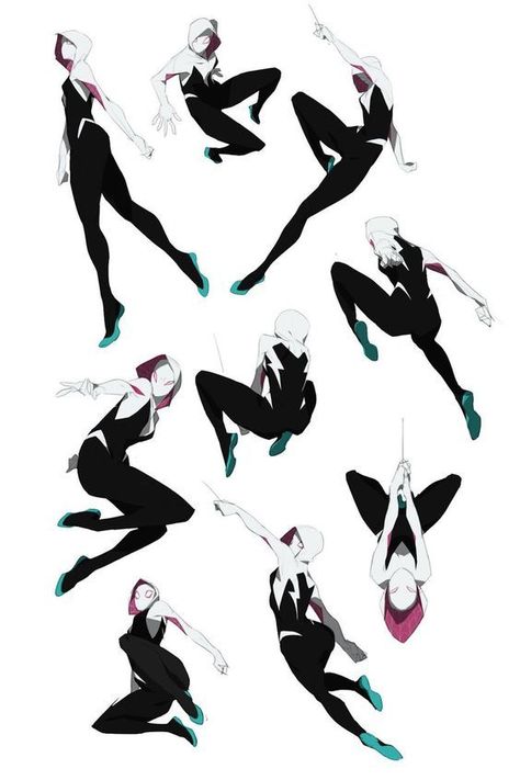 Spider Gwen Character Design, Gwen Stacy Pose Reference, Spider Man Action Poses, Spider Gwen Poses Reference, Gwen Stacy Poses, Spider Gwen Reference, Spider Verse Poses, Spider Gwen Poses, Gwen Stacy Reference