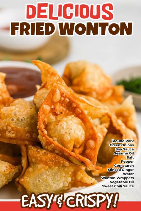 Deep Fried Wontons Pork, Pork Fried Wontons, Asian Wonton Recipes, Deep Fried Wonton Recipes, Homemade Pork Wontons, Pork Won Ton Recipes, Deep Fried Dumplings, Pork Shrimp Wonton, Fried Wontons Recipes