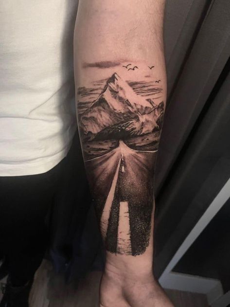 Gtr Tattoo, Road Tattoo Design, Hills Tattoo, Road Tattoo, Landscape Tattoos, Mount Taranaki, Travel Tattoo Ideas, Nature Road, New Zealand Tattoo