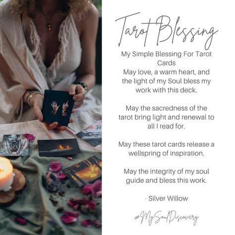 A Simple Tarot Blessing When you read the Tarot, do you offer a prayer or a blessing? It actually builds a better connection with your deck! Bless Tarot Deck, New Tarot Deck Blessing, Tarot Card Blessing, Tarot Blessing, Tarot Prayer, Deck Cleaner, Divination Methods, Tarot Reading Spreads, Witch Tools