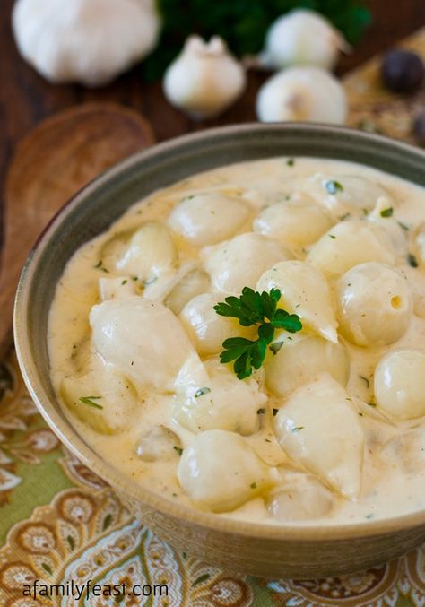 Pearl Onions in Cream Sauce - A delicious side dish that's perfect for any special occasion or a holiday meal. Pearl Onions In Cream Sauce, Creamed Pearl Onions Recipe, Pearl Onion Recipe, Winter Veggies, Creamed Onions, Pearl Onions, Family Feast, Harvest Table, Garlic Recipes