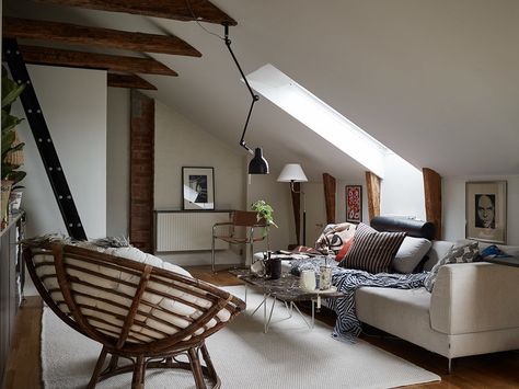 A Cozy Scandinavian Attic Apartment — THE NORDROOM Slanted Ceiling Living Room, Attic Kitchen Ideas, Scandinavian Attic, Small Attic Apartment, Attic Living Room, Attic Kitchen, Cozy Scandinavian, Small Space Hacks, Small Floor Plans