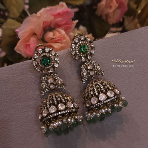 Hiwdaa jhumki - moissanite polki jhumki Moissanite Polki Jewellery, Moissanite Jewelry Indian, Victorian Jewelry Earrings, Victorian Jhumkas, Victorian Polki Jewellery, Victorian Jewelry Indian, Victorian Sets, Vintage Earrings Victorian, Victorian Jewelry Necklace