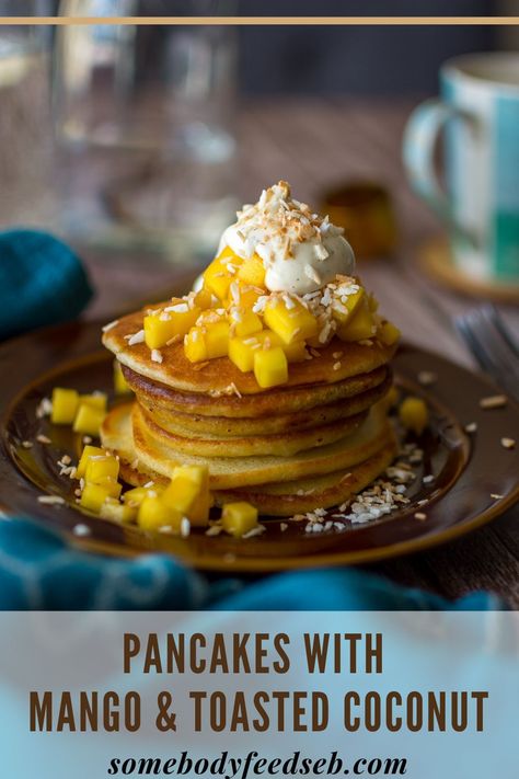 A very special breakfast dish for the best start to a hot summer day! Our Tropical Pancakes with Toasted Coconut and Mango recipe is easy to follow and incredibly delicious! Coconut and mango are a perfect pair that takes you away to your favourite exotic holiday destination! #summerbreakfast #breakfastideas #pancakes Mango Breakfast Recipes, Tropical Pancakes, Mango Pancakes, Tropical Breakfast, Scotch Pancakes, Mango Recipe, Coconut Recipe, Tofu Breakfast, Special Breakfast