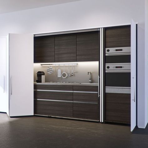 Concealed kitchens are ideal to hide away your kitchen appliances. These doors can be fully pushed into the sides. Pavilion Kitchen, Pocket Doors Diy, Modern Kitchenette, Concealed Kitchen, Micro Kitchen, Flat Kitchen, Bathrooms Design, Container Kitchen, Stable Design