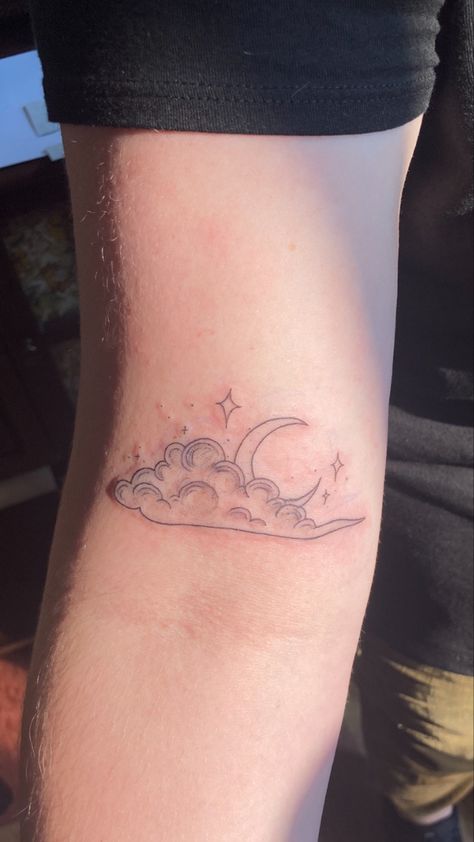 Cloud And Flower Tattoo, Cloud Moon Tattoo, Stars And Clouds Tattoo, Clouds And Stars Tattoo, Moon Star Tattoo, Clouds Tattoo, Rip Liam, Cloud Tattoo, Forearm Sleeve Tattoos