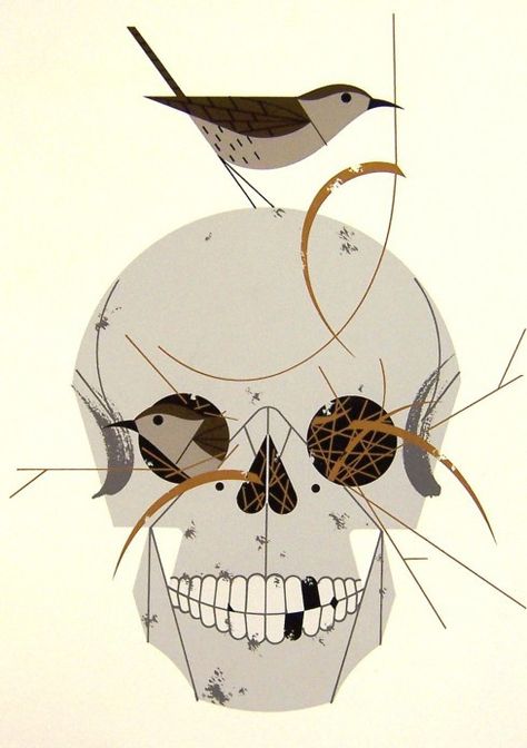 Wrented by Charley Harper, a wren perched on  top of human skull,skull as a nest,charley harper art,charley harper bird paintings,Charley Ha... Charley Harper Art, Charlie Harper, Bird Artists, Charley Harper, Signed Artwork, Skull Painting, Art Et Illustration, Human Skull, A Skull