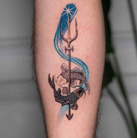 Trident Pisces Tattoo, Men’s Pisces Tattoo, Dragon Pisces Tattoo, Mens Pisces Tattoo Ideas, Pisces Tattoo For Men Half Sleeves, Neptune Tattoo Pisces, Picies Tattoos Men, Neptune Symbol Tattoo, Pisces Tattoo Men