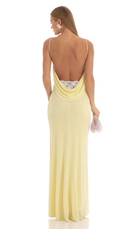 Mira Lace Open Back Maxi Dress in Yellow | LUCY IN THE SKY Pastel Yellow Prom Dress, Light Yellow Prom Dress, Yellow Formal Dress, Light Yellow Dresses, Silk Yellow Dress, Yellow Long Dress, Silk Prom Dress, Yellow Bridesmaid Dresses, Prom Dresses Yellow