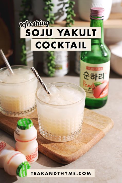 Yogurt Soju Cocktail Recipes, Drinks With Yakult, Soju Yakult Recipe, Jinro Soju Drinks, Peach Soju Cocktail Recipes, Makgeolli Cocktail, Soju And Yakult, Soju Mixed Drinks, Yakult Cocktail