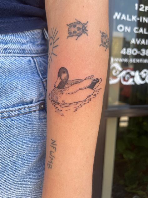 Mallard Tattoo Ideas, Park Ranger Tattoo, Duck In Water Tattoo, Mallard Duck Tattoo Black And White, Flora Fauna Tattoo, Duck Pond Tattoo, Feminine Animal Tattoos, Water Off A Ducks Back Tattoo, Rubber Stamp Tattoo