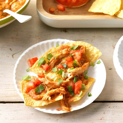 Cheesy Chicken Taco Dip Recipe -We're huge college football fans (go Irish!), and my chicken taco dip hasn't missed a season opener in 14 years and counting. A slow cooker lets us keep the dip warm for the whole game—if it lasts that long! —Deanna Garretson, Yucaipa, California Chicken Taco Dip Recipe, Chicken Taco Dip, Slow Cooker Dip Recipes, Crockpot Dips, Yucaipa California, Taco Appetizers, Slow Cooker Dips, Cheeseburger Dip, Bacon Cheese Dips