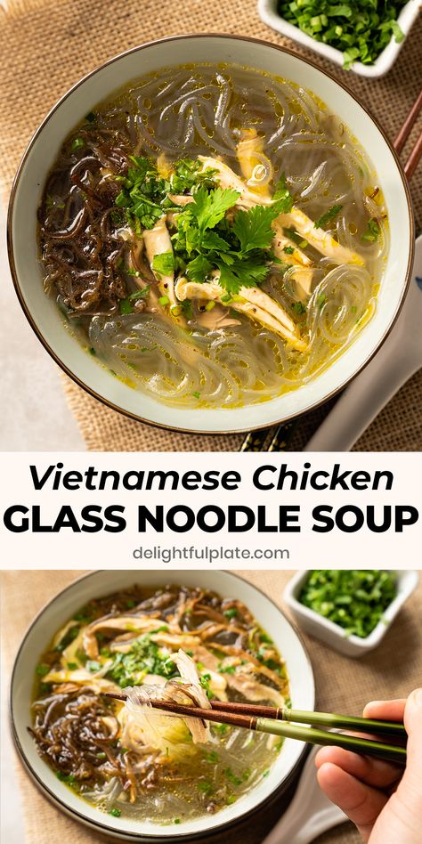 Soup With Glass Noodles, Easy Glass Noodle Soup, Vietnamese Noodle Soup Recipes, Easy Vietnamese Soup, Noodle Soups Asian, Mien Ga Recipe, Vietnamese Glass Noodle Salad, Asian Chicken Noodle Soup Recipe, Glass Noodle Recipes Soup