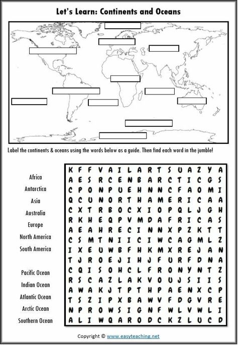 Geography Elementary Activities, Oceans Of The World Worksheet, Geography Coloring Pages, Continent Worksheets For Kids, World Map Printable Free, Continents And Oceans Printables Free, Oceans And Continents, Geography Printables, Continents Activities