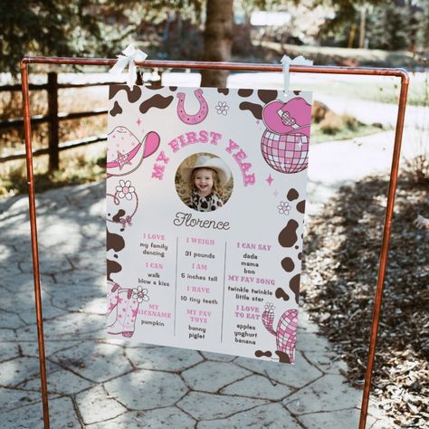 My First Rodeo cowgirl pink brown photo Milestone Wild West Birthday, Brown Photo, Rodeo Party, My First Rodeo, Rodeo Birthday, Birthday Party Design, First Birthday Party Decorations, Rodeo Cowgirl, Milestone Poster