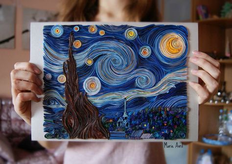 Quilling: The Starry Night by Vincent van Gogh by MarieAvril Starry Night Paper Quilling, Starry Night Quilling, Quilled Mandalas, Yarn Painting, Starry Night Painting, Quilling Work, Art Quilling, Desain Quilling, Quilled Paper Art