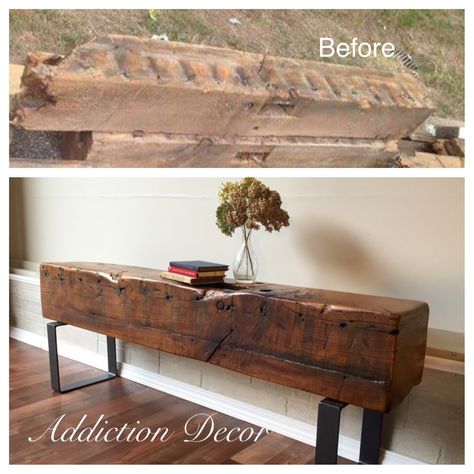 Repurposed Barn Beam by Addiction Decor Old Timber Ideas, Wood Beam Table, Barn Beams In House, Beam Furniture Ideas, Barn Beam Bench, Barn Beam Ideas, Wood Beam Bench, Beam Ideas, Beam Bench