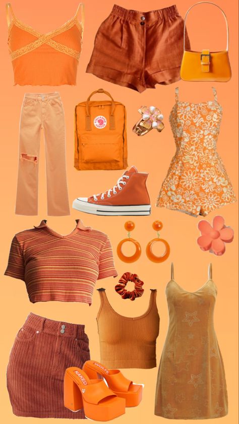 Orange Fairy Aesthetic, Orange Aesthetic Fashion, Orange 70s Outfit, Orange Princess Aesthetic, Orange Blossom Outfit, Cute Orange Outfit, Orange Aesthetic Outfits, Aura Clothing, Pink Outfits Aesthetic