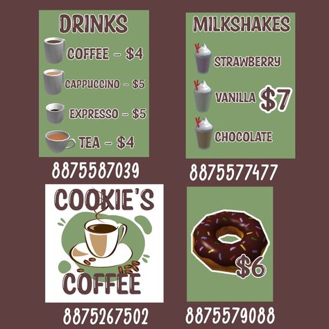 Bloxburg Shake Shack Decals, Roblox Coffee Shop Decals, Restraunt Bloxburg Ideas, Blox Burg Cafe Ideas, Restaurant Codes Bloxburg, Bloxburg Coffee Shop Menu Decals, Crumble Cookie Bloxburg Build, Bloxburg Shop Decals Codes, Coffee Shop Decals Bloxburg