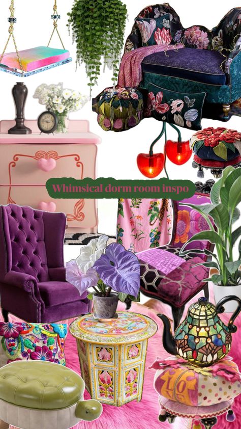 Whimsical eclectic styles for your dorm room! Apartment Decorating Whimsical, Quirky Apartment Aesthetic, Whimsical Home Interior, Eclectic Dorm Room, Esthetic House, Colorful Midcentury, Quirky Apartment, Dc Living, Dorm Room Inspo