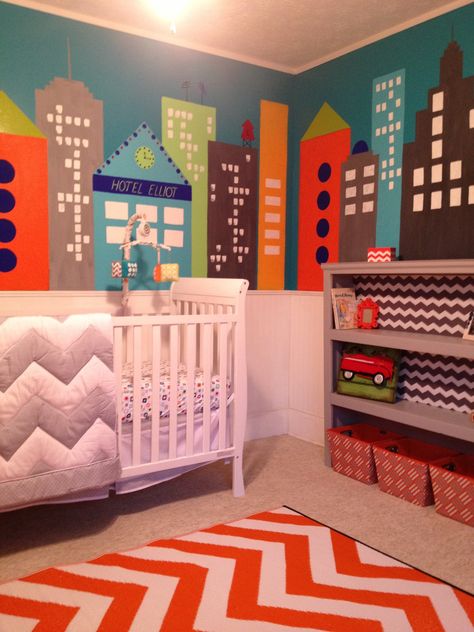 Cityscape for playroom? City Nursery, Amazing Playroom, Kids Church Rooms, Superhero Nursery, Circu Magical Furniture, Magical Furniture, Superhero Room, Church Nursery, Elderly Home