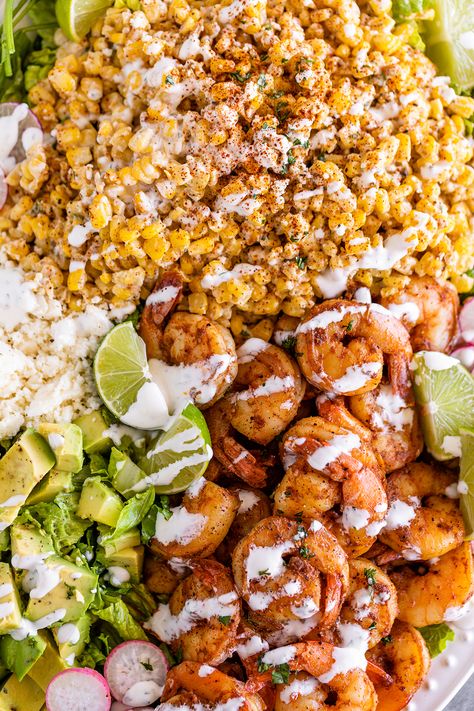 Mexican Shrimp Cobb Salad, Mexican Street Corn Dinner Ideas, Mexican Street Corn Shrimp Tacos, Shrimp Mexican Salad, Street Corn Shrimp Bowl, Shrimp With Corn Recipes, Shrimp Corn Avocado Salad, Shrimp Corn Tacos, Shrimp Avocado Tacos