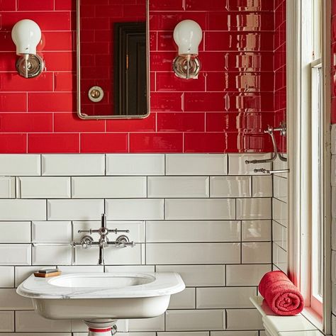 24 Red Bathroom Ideas That'll Make You Never Want To Leave This Room Again Red And White Bathroom Ideas, Red Bathroom Ideas, Red And White Bathroom, Red Bathrooms, Warm Tiles, Penny Tile Floors, Terracotta Floor Tiles, Bathroom Selfies, Brick Accent Wall