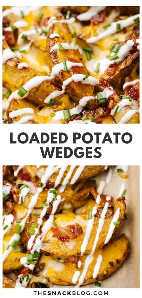 Top - side view of potato wedges loaded with bacon, cheese, sour cream, and chives; bottom - baked loaded potato wedges on a parchment lined baking sheet; title bar in the middle reads "loaded potato wedges". Potato Wedges Baked With Cheese And Bacon, Loaded Baked Potato Wedges, Ranch Potato Wedges In Oven, Potato Wedges With Cheese And Bacon, Loaded Potato Wedges Baked, Potato Bites In Oven, Tater Wedges Recipe, Loaded Potatoes In Oven, Potato Wedge Dip