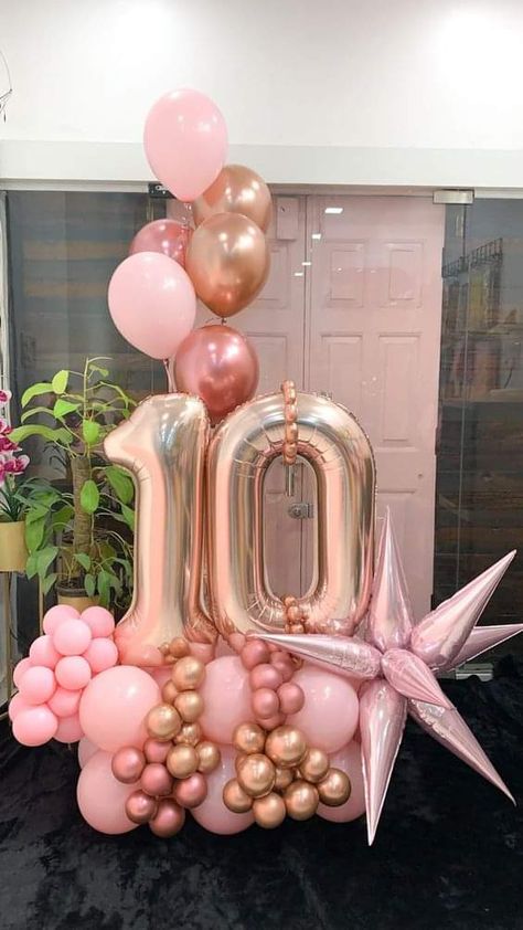 Balloon Bouquet Anniversary, Number Balloon Arrangements, 10 Balloon Bouquet, Balloon Arrangements Birthday, Ballon Buquet, Balloon Bouquet Diy, Diy Lace Ribbon Flowers, Balloon Garland Diy, Pink Birthday Cakes