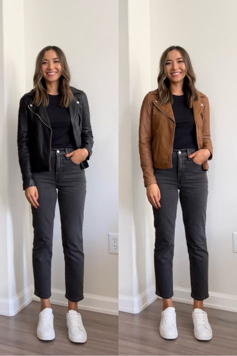 Work Outfits Women Leather Jacket, Madewell Washed Leather Motorcycle Jacket, Work Leather Jacket Outfit, Moto Jacket And Dress Outfit, Madewell Leather Jacket Outfit, Black Leather Jacket Outfit Casual, Black Leather Moto Jacket Outfit, Leather Jacket Outfit Work, Moto Jacket Outfit 2023