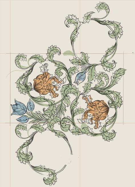 I’d like to introduce my new pattern dedicated to to the art of William Morris, legend of Victorian Britain. This pattern is not a just copy of original iconic artworks, but it is inspired by this amazing style. It is characterised by fancy botanical motifs with intricate flowers and leaves. Floral elements smoothly flow into each other. Enchanted Flowers, William Morris Patterns, Pattern Sketch, Botanical Flower Art, Victorian Pattern, Ornament Drawing, Iconic Artwork, William Morris Designs, Hand Drawn Floral