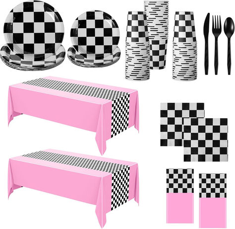 162 Pcs Car Birthday Party Supplies for 20 Guests Checkered Racing Party Decorations 2 Checkered Racing Flag Rectangular Tablecloth for Racing Car Christmas Party Dinner Plates (Pink) #ad #badtwothebone #bad2thebone #bad2thebonepartysupplies #badtwothebonepartysupplies #badtwothebonepartyideas #bad2thebonepartytheme #2ndbirthdaypartyideas #checkered #pink Grease Themed First Birthday, 3rd Birthday Race Car Theme, Nascar Theme Party, Racing Party Decorations, Plaid Plates, Christmas Party Dinner, Racing Party, Car Birthday Party, Race Car Themes