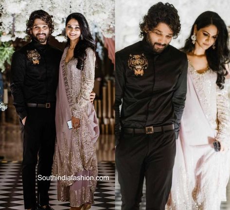 Allu Arjun and Sneha Reddy were seen in Manish Malhotra outfits to Niharika Konidela's engagement.  allu arjun black shirt lion design Allu Arjun Black Shirt, Allu Arjun And Sneha Reddy, Sneha Reddy, Most Handsome Actors, Hanuman Wallpaper, Latest Designer Sarees, Allu Arjun, Tiger Shirt