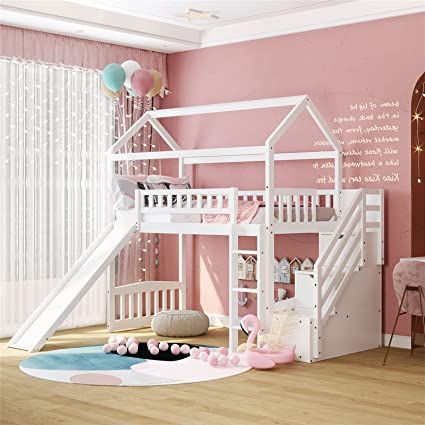 Amazon.com: Loft Bed with Slide, House Loft Beds Twin Size with Step Storage Drawers Stairway Playhouse Bed for Kids Toddlers Girls/Boys, White : Home & Kitchen Loft Bed With Stairs, Storage Steps, House Loft Bed, Loft Bed With Slide, Bed With Stairs, Playhouse Bed, Trundle Bed With Storage, House Bunk Bed, Bunk Bed With Slide